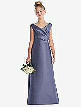 Front View Thumbnail - French Blue Off-the-Shoulder Draped Wrap Satin Junior Bridesmaid Dress