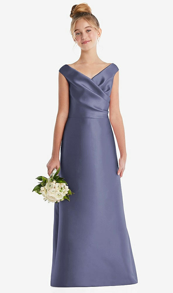 Front View - French Blue Off-the-Shoulder Draped Wrap Satin Junior Bridesmaid Dress