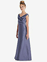 Side View Thumbnail - French Blue Off-the-Shoulder Draped Wrap Satin Junior Bridesmaid Dress