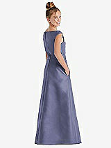 Rear View Thumbnail - French Blue Off-the-Shoulder Draped Wrap Satin Junior Bridesmaid Dress