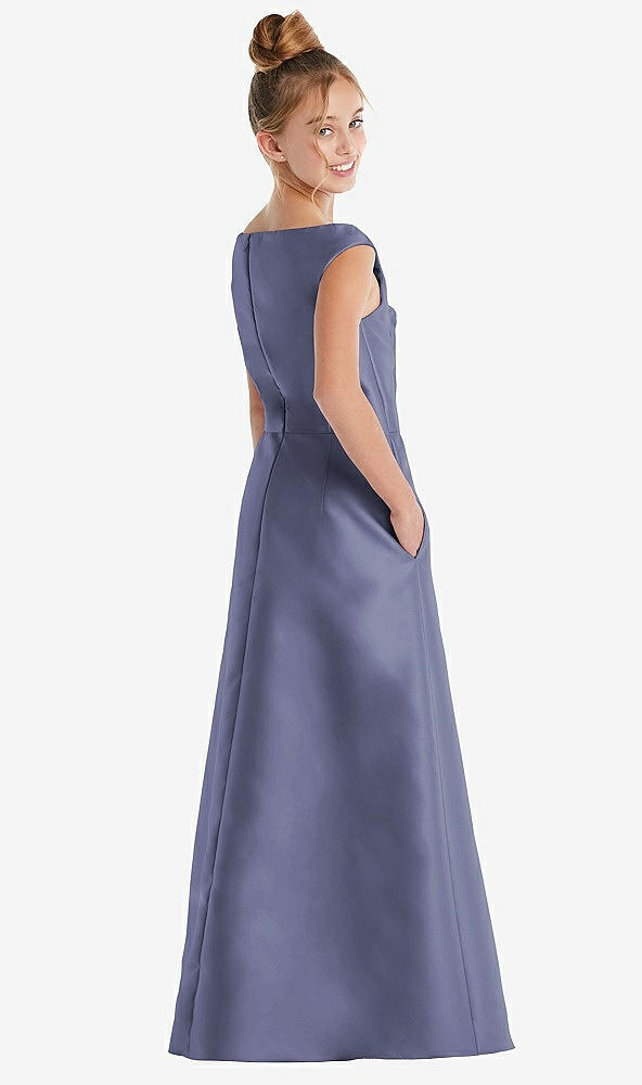 Back View - French Blue Off-the-Shoulder Draped Wrap Satin Junior Bridesmaid Dress