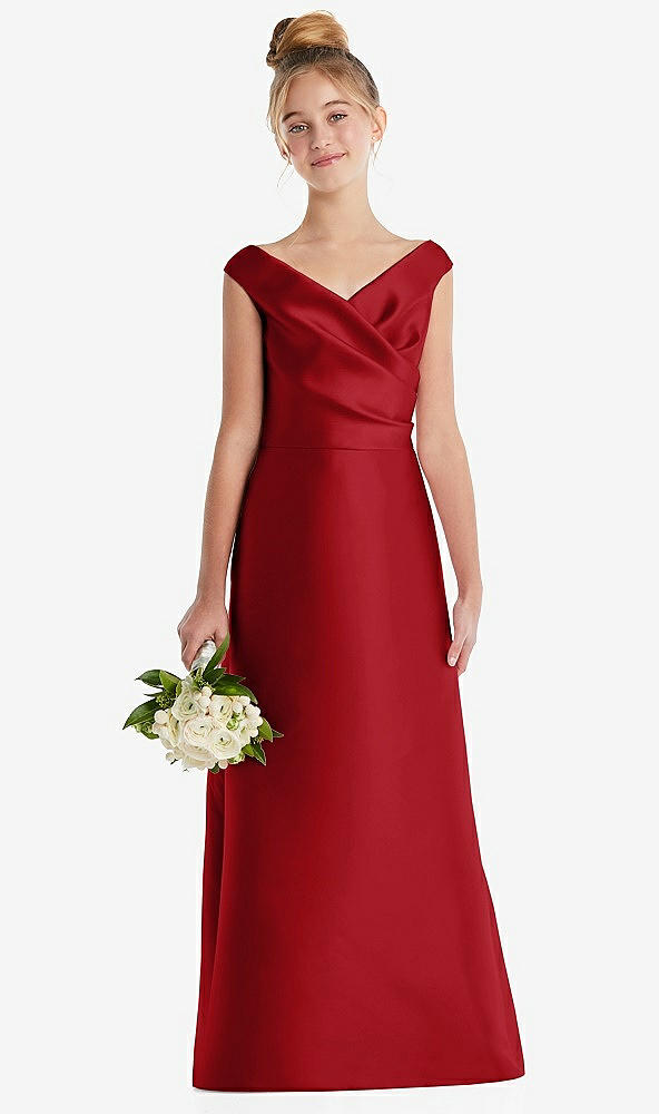 Front View - Garnet Off-the-Shoulder Draped Wrap Satin Junior Bridesmaid Dress