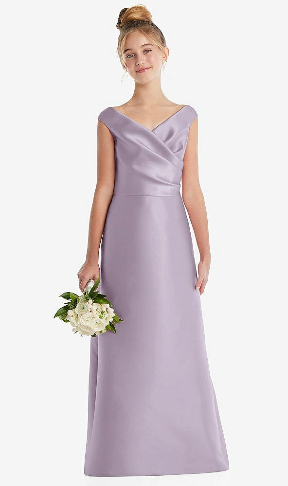 Front View - Lilac Haze Off-the-Shoulder Draped Wrap Satin Junior Bridesmaid Dress
