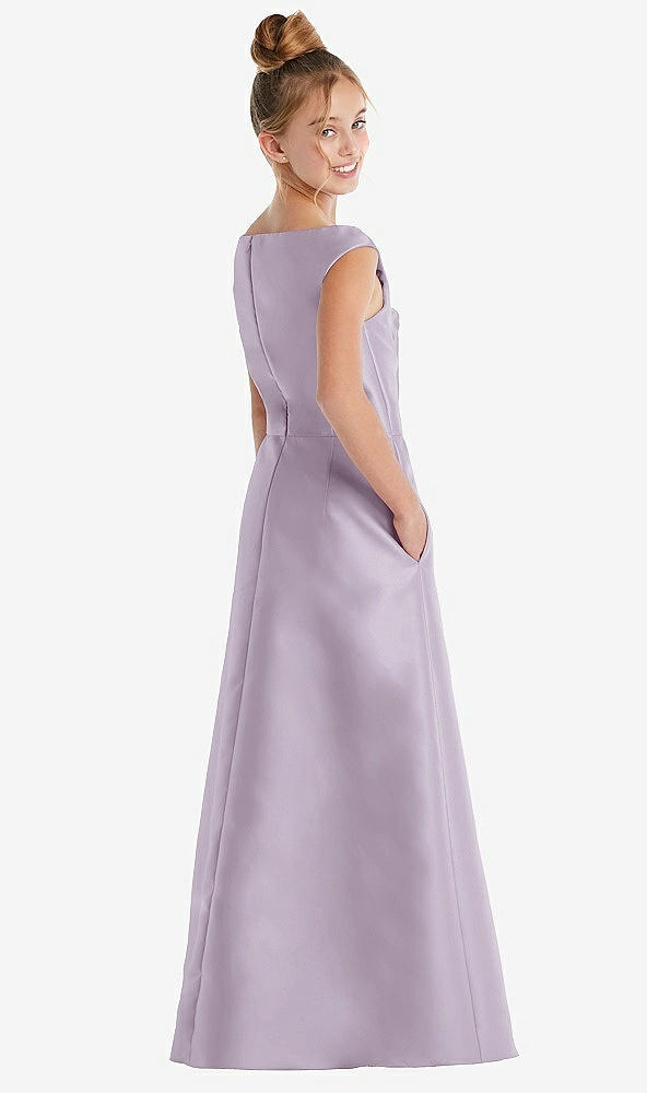 Back View - Lilac Haze Off-the-Shoulder Draped Wrap Satin Junior Bridesmaid Dress