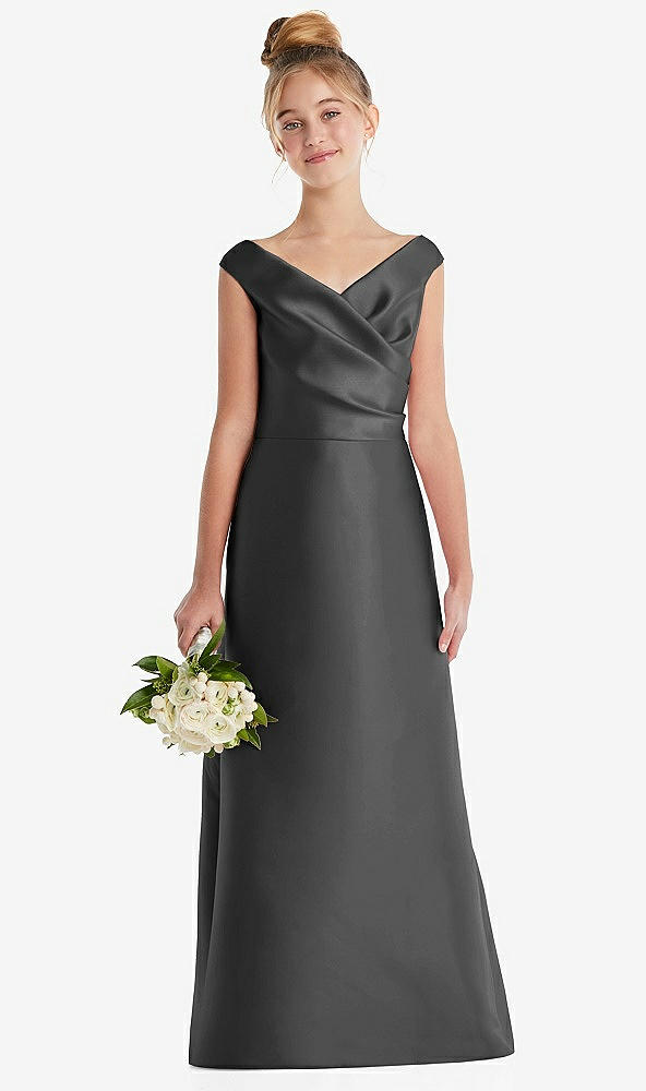 Front View - Pewter Off-the-Shoulder Draped Wrap Satin Junior Bridesmaid Dress