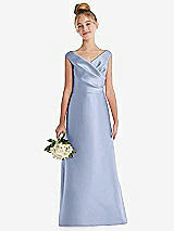 Front View Thumbnail - Sky Blue Off-the-Shoulder Draped Wrap Satin Junior Bridesmaid Dress