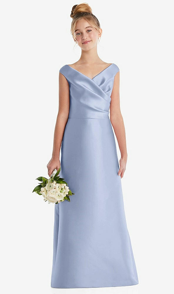 Front View - Sky Blue Off-the-Shoulder Draped Wrap Satin Junior Bridesmaid Dress