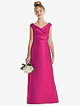 Front View Thumbnail - Think Pink Off-the-Shoulder Draped Wrap Satin Junior Bridesmaid Dress