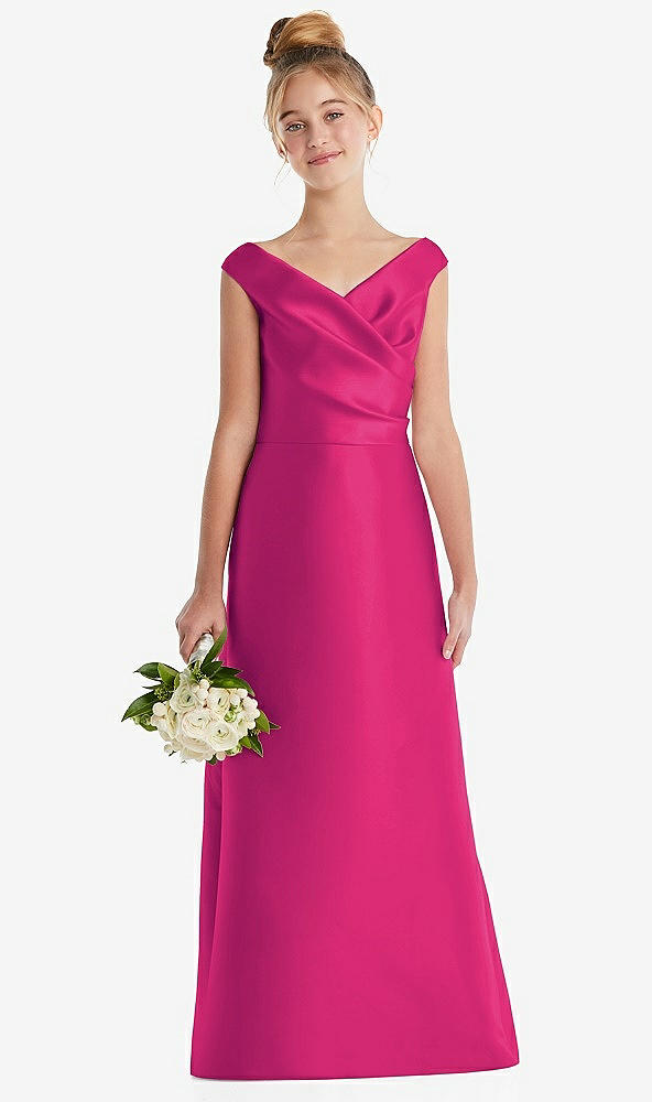 Front View - Think Pink Off-the-Shoulder Draped Wrap Satin Junior Bridesmaid Dress