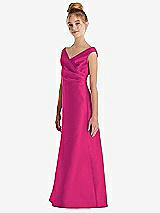 Side View Thumbnail - Think Pink Off-the-Shoulder Draped Wrap Satin Junior Bridesmaid Dress