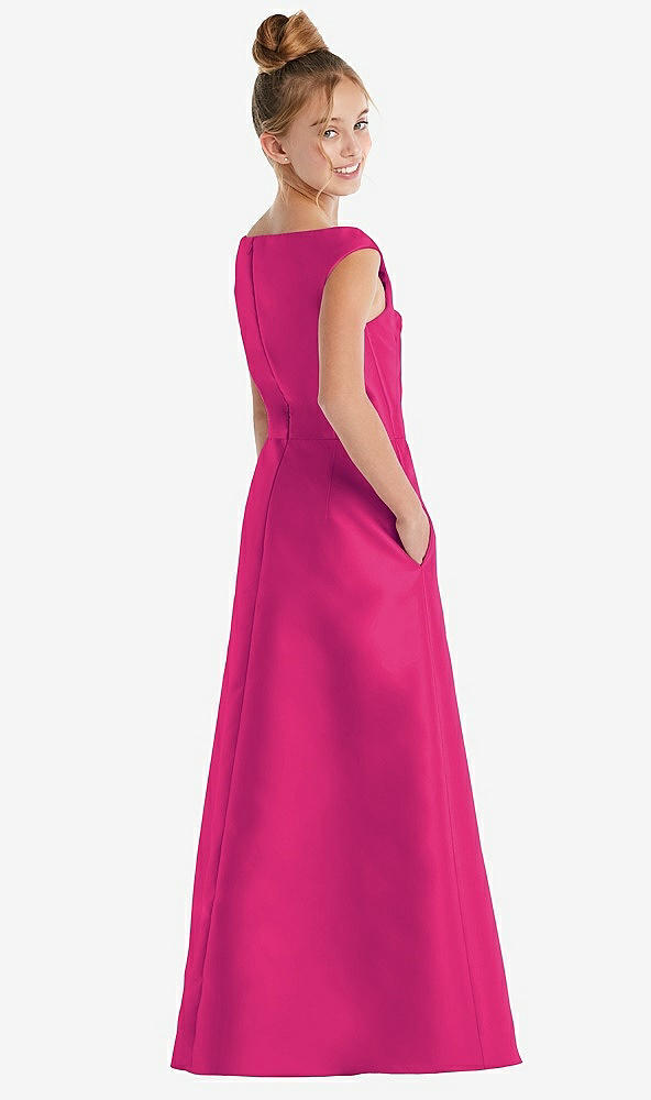 Back View - Think Pink Off-the-Shoulder Draped Wrap Satin Junior Bridesmaid Dress