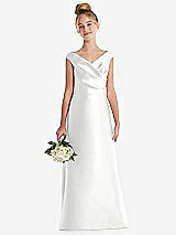 Front View Thumbnail - White Off-the-Shoulder Draped Wrap Satin Junior Bridesmaid Dress