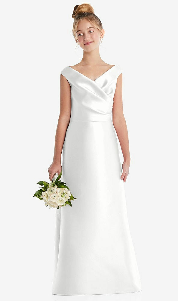 Front View - White Off-the-Shoulder Draped Wrap Satin Junior Bridesmaid Dress