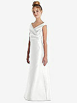 Side View Thumbnail - White Off-the-Shoulder Draped Wrap Satin Junior Bridesmaid Dress