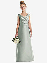 Front View Thumbnail - Willow Green Off-the-Shoulder Draped Wrap Satin Junior Bridesmaid Dress