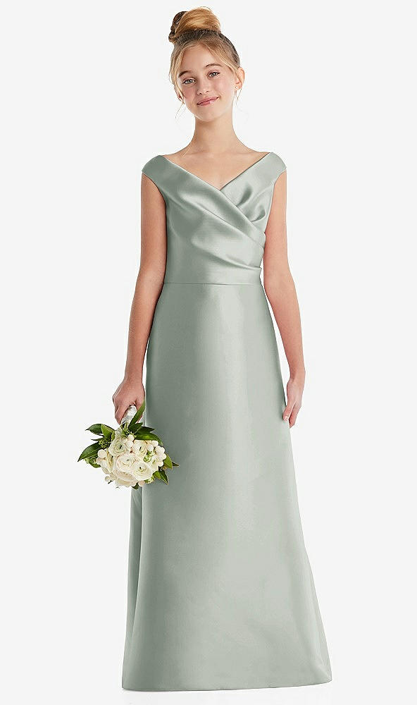 Front View - Willow Green Off-the-Shoulder Draped Wrap Satin Junior Bridesmaid Dress