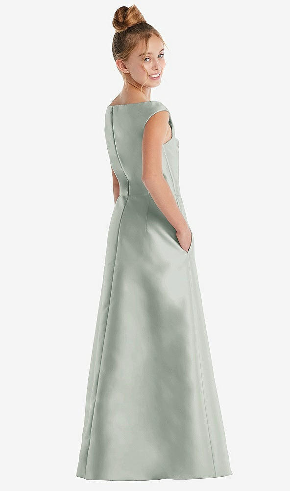 Back View - Willow Green Off-the-Shoulder Draped Wrap Satin Junior Bridesmaid Dress