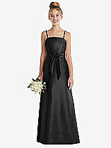 Front View Thumbnail - Black Spaghetti Strap Satin Junior Bridesmaid Dress with Mini Sash