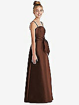Side View Thumbnail - Cognac Spaghetti Strap Satin Junior Bridesmaid Dress with Mini Sash