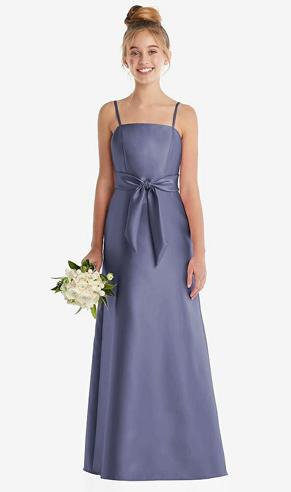 Front View - French Blue Spaghetti Strap Satin Junior Bridesmaid Dress with Mini Sash
