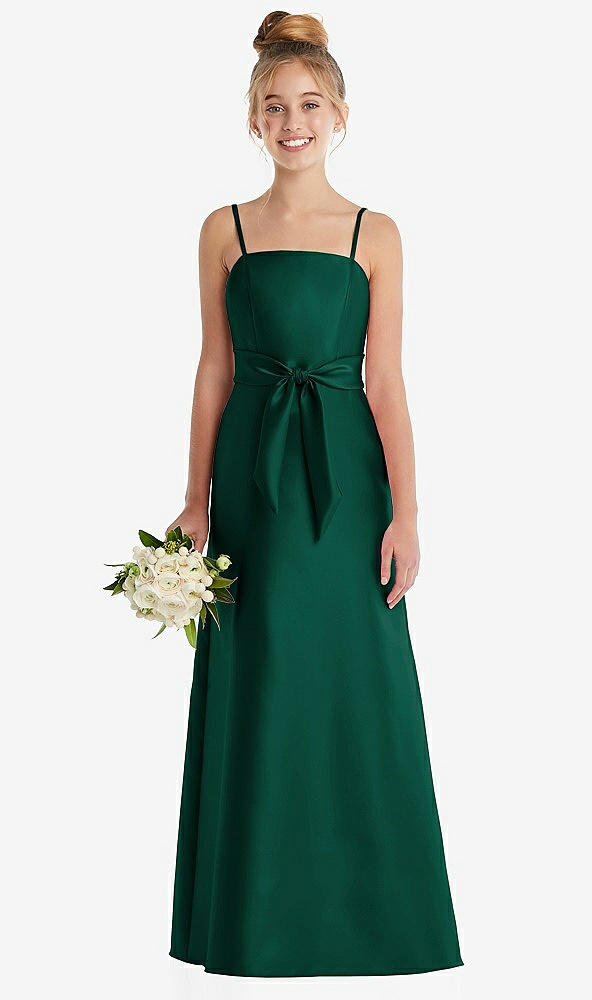 Front View - Hunter Green Spaghetti Strap Satin Junior Bridesmaid Dress with Mini Sash