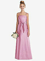 Front View Thumbnail - Powder Pink Spaghetti Strap Satin Junior Bridesmaid Dress with Mini Sash