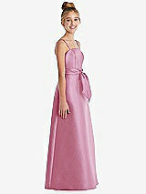 Side View Thumbnail - Powder Pink Spaghetti Strap Satin Junior Bridesmaid Dress with Mini Sash