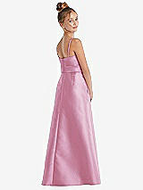 Rear View Thumbnail - Powder Pink Spaghetti Strap Satin Junior Bridesmaid Dress with Mini Sash