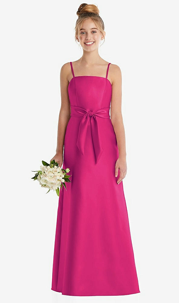 Front View - Think Pink Spaghetti Strap Satin Junior Bridesmaid Dress with Mini Sash