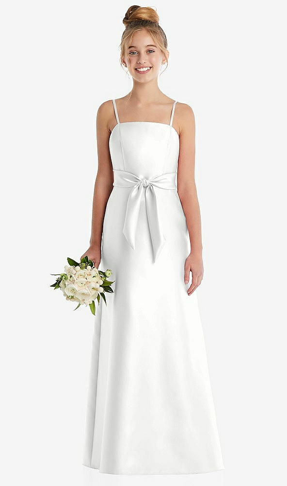 Front View - White Spaghetti Strap Satin Junior Bridesmaid Dress with Mini Sash