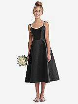 Alt View 1 Thumbnail - Black Adjustable Spaghetti Strap Satin Midi Junior Bridesmaid Dress