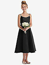 Front View Thumbnail - Black Adjustable Spaghetti Strap Satin Midi Junior Bridesmaid Dress