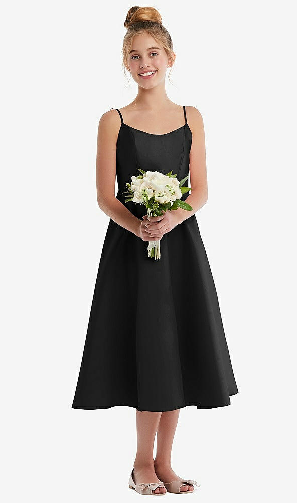 Front View - Black Adjustable Spaghetti Strap Satin Midi Junior Bridesmaid Dress