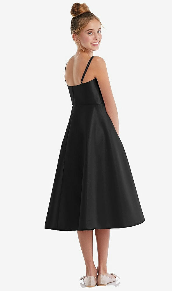 Back View - Black Adjustable Spaghetti Strap Satin Midi Junior Bridesmaid Dress