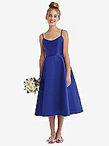 Alt View 1 Thumbnail - Cobalt Blue Adjustable Spaghetti Strap Satin Midi Junior Bridesmaid Dress