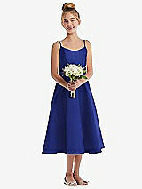 Front View Thumbnail - Cobalt Blue Adjustable Spaghetti Strap Satin Midi Junior Bridesmaid Dress