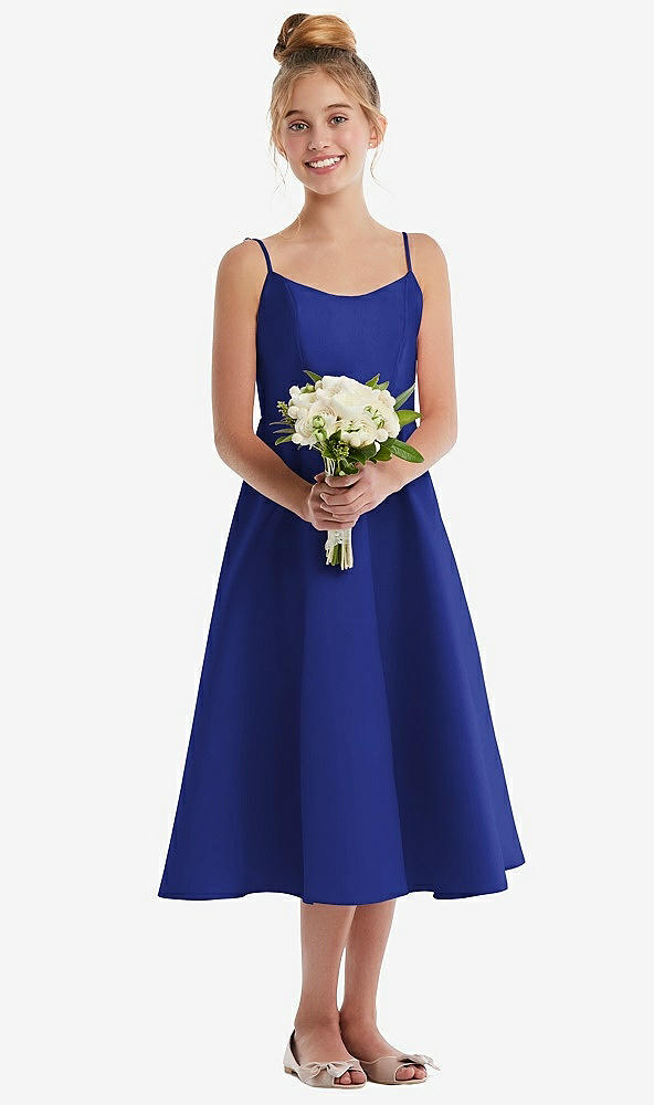 Front View - Cobalt Blue Adjustable Spaghetti Strap Satin Midi Junior Bridesmaid Dress