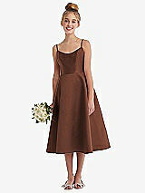 Alt View 1 Thumbnail - Cognac Adjustable Spaghetti Strap Satin Midi Junior Bridesmaid Dress