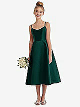 Alt View 1 Thumbnail - Evergreen Adjustable Spaghetti Strap Satin Midi Junior Bridesmaid Dress