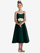 Front View Thumbnail - Evergreen Adjustable Spaghetti Strap Satin Midi Junior Bridesmaid Dress