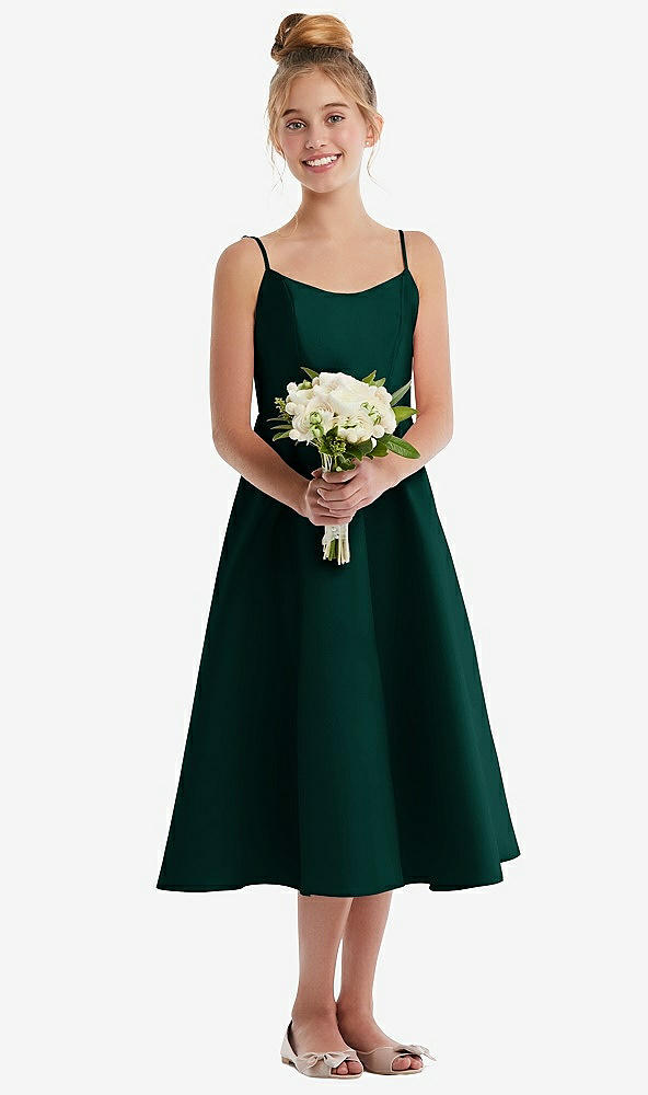 Front View - Evergreen Adjustable Spaghetti Strap Satin Midi Junior Bridesmaid Dress