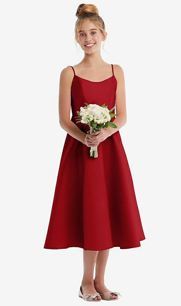 Front View - Garnet Adjustable Spaghetti Strap Satin Midi Junior Bridesmaid Dress