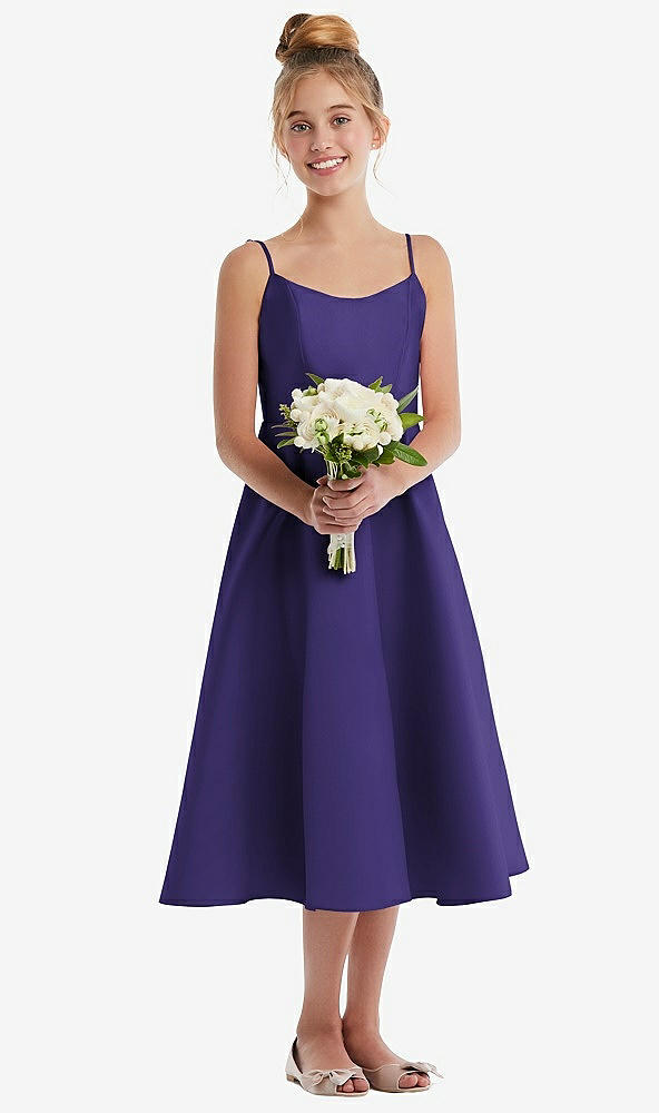 Front View - Grape Adjustable Spaghetti Strap Satin Midi Junior Bridesmaid Dress
