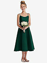 Front View Thumbnail - Hunter Green Adjustable Spaghetti Strap Satin Midi Junior Bridesmaid Dress