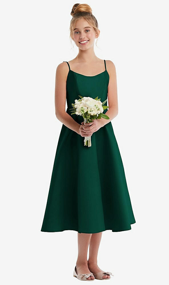 Front View - Hunter Green Adjustable Spaghetti Strap Satin Midi Junior Bridesmaid Dress