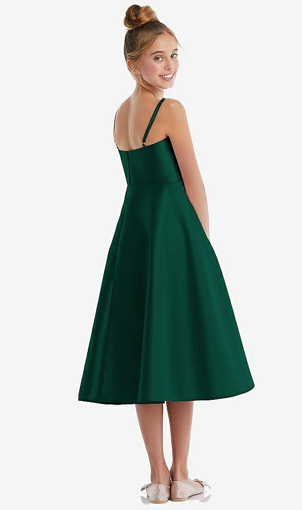 Back View - Hunter Green Adjustable Spaghetti Strap Satin Midi Junior Bridesmaid Dress