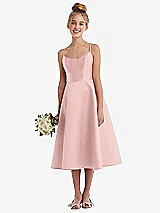 Alt View 1 Thumbnail - Rose - PANTONE Rose Quartz Adjustable Spaghetti Strap Satin Midi Junior Bridesmaid Dress