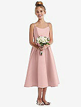Front View Thumbnail - Rose - PANTONE Rose Quartz Adjustable Spaghetti Strap Satin Midi Junior Bridesmaid Dress