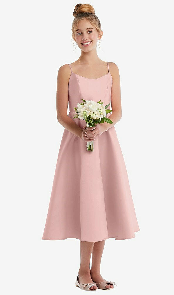 Front View - Rose - PANTONE Rose Quartz Adjustable Spaghetti Strap Satin Midi Junior Bridesmaid Dress