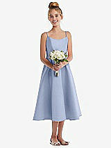 Front View Thumbnail - Sky Blue Adjustable Spaghetti Strap Satin Midi Junior Bridesmaid Dress